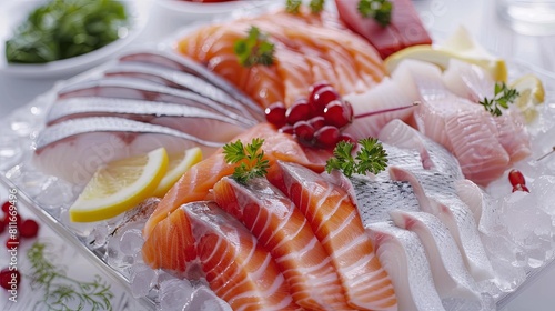 Salmon sashimi on ice with lemon and red currant