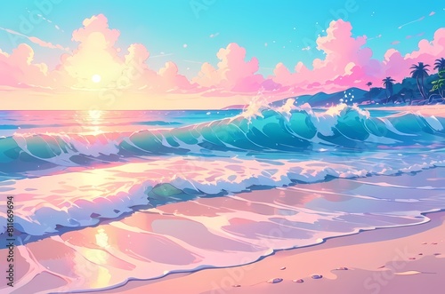 anime style illustration of beach clouds  ocean sea  manga  cute scene landscape