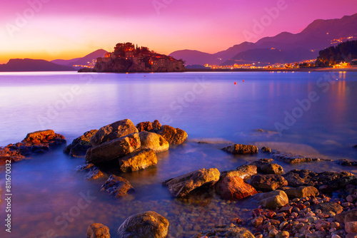 Europe, Montenegro, Budva city, cliffs and rocky coast near famous Sveti Stefan island, Europe, long exposure shot 