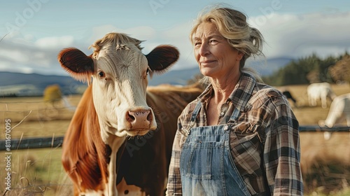 Portrait of a senior woman standing with cows in the field.
