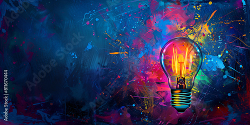 Light bulb splash of colors An idea light bulb floating on an empty space world creativity and innovation day Light bulb explodes with colorful paint and splashes creative on a dark background