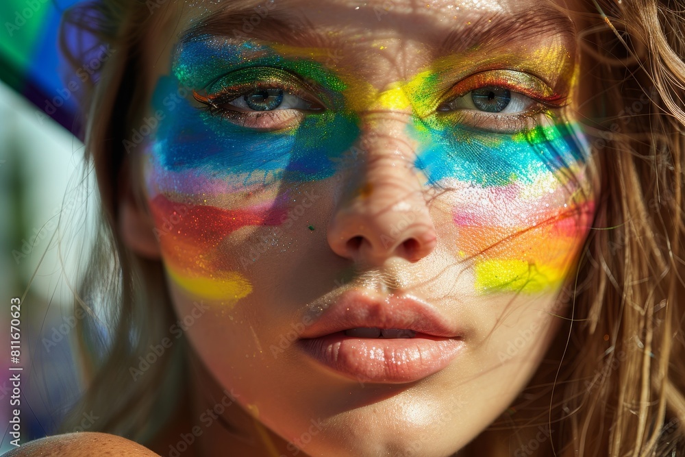 Colorful face paint on a woman's face