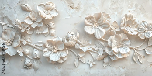 Embossed Floral Pattern on White Paper Light decorative texture of plaster wall with flower design