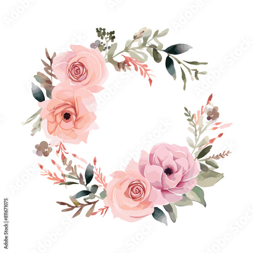 a wreath of pink roses with green leaves and pink flowers water colour