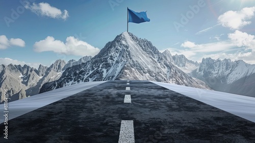 3D rendering of a road leading to a mountain with a blue flag