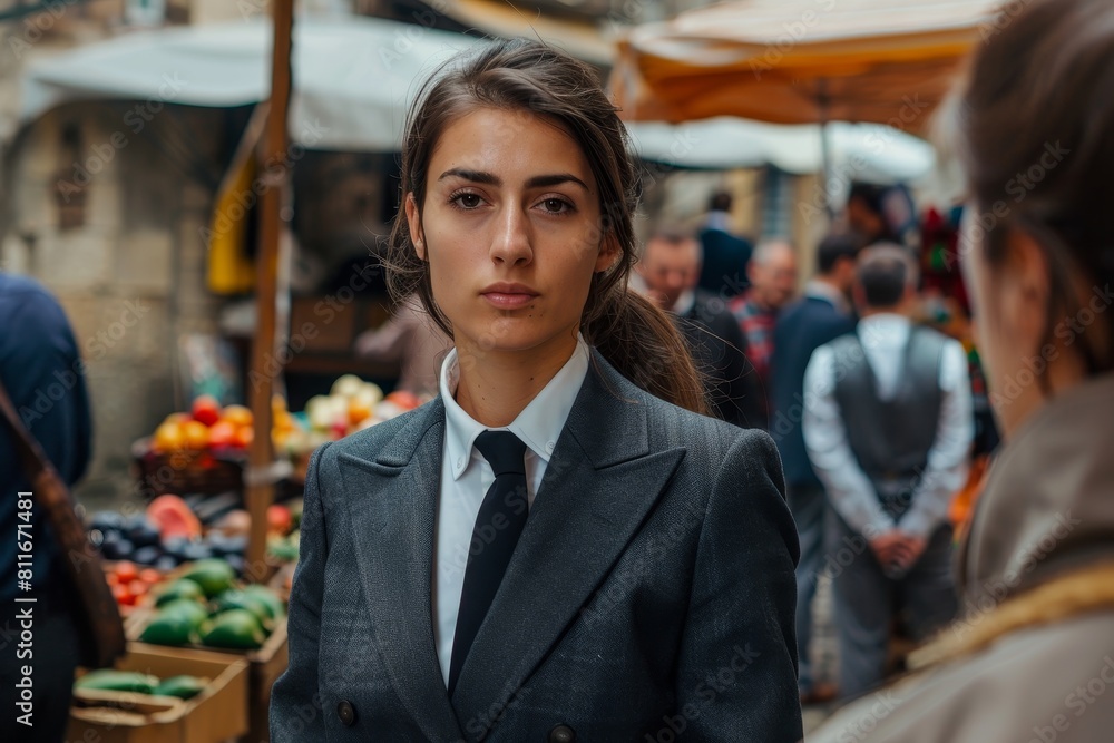 Serious young woman in business attire standing in a busy market