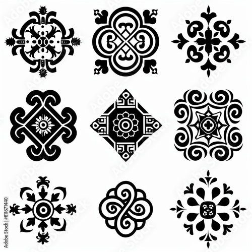  Mongolian traditional ornament vector icon set  white background  simple shapes  simple lines  simple design in the style of black color.