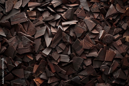 Pile of dark wooden logs and chips photo