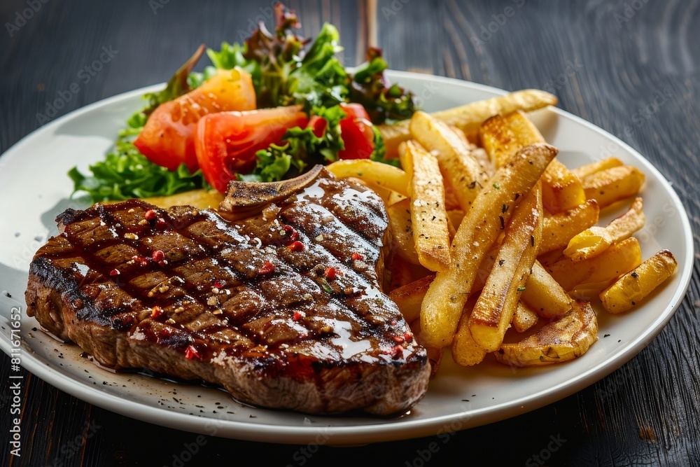 Delicious grilled steak with french fries and fresh salad Delicious grilled steak with french fries and fresh salad