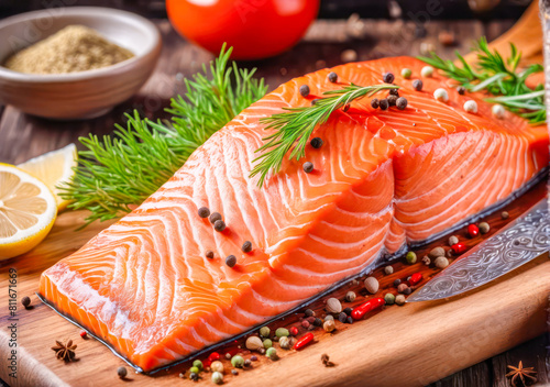 Close up of Fresh raw salmon fillet steak. Grilled Salmon Steak on Plate with Lemon and Fresh Herb