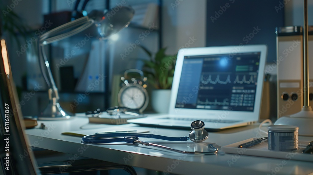 Bird's-eye shot showcasing the strategic placement of a stethoscope, medical folder, and computer on the desk. Bird's-eye shot showcasing the strategic placement of a stethoscope, medical folder, and computer on the desk.