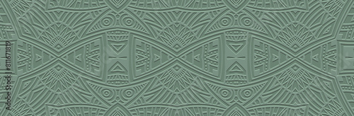 Banner, tribal cover design. Relief geometric vintage 3D pattern on pastel green background. Ethnic ornaments, arabesques, handmade. Culture of the East, Asia, India, Mexico, Aztec, Peru.
