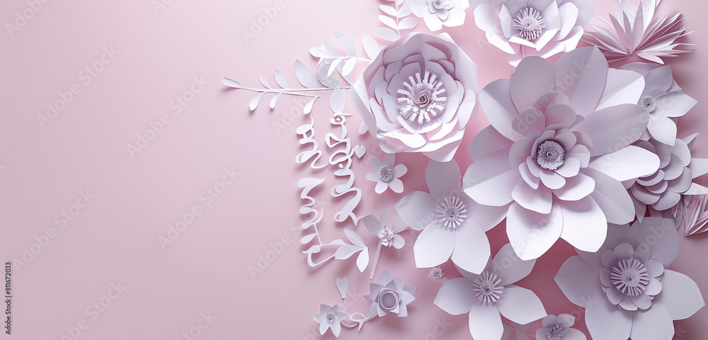 Delicate paper-cut flowers beside a large text area perfect for Mother's Day sentiments. copyspace. Delicate paper-cut flowers beside a large text area perfect for Mother's Day sentiments. copyspace.