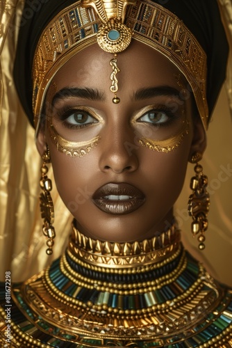 Ornate golden headdress and jewelry on a woman s face