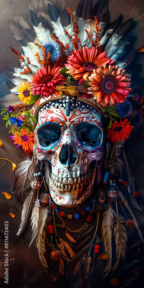 A skull with feathers and flowers on his head.