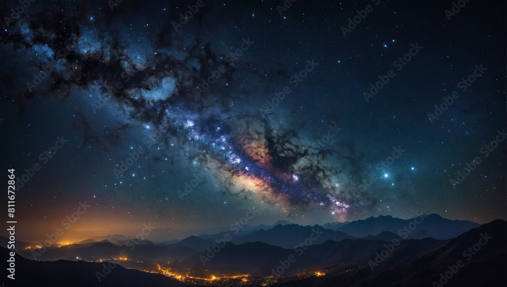 Enchanting cosmic panorama, galaxy background teeming with twinkling stars, nebulae, and distant galaxies.