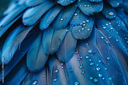 Vibrant blue feather texture with water droplets