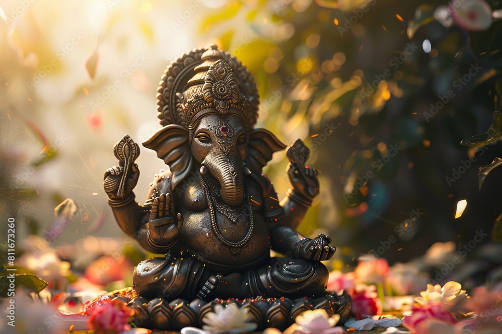 Ganesh statue in the sun with flowers around it.
