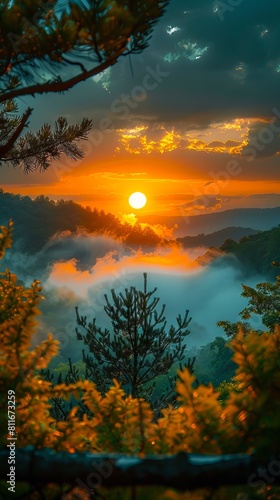 A beautiful sunrise over the mountains with fog.