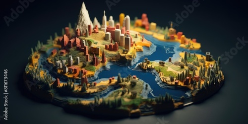 Miniature 3D island world with diverse city architecture and nature with dark background. Futuristic urban planning and green city concept. Design for urban development, eco city presentations. AIG35.