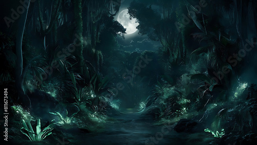 Deep tropical jungle in darkness