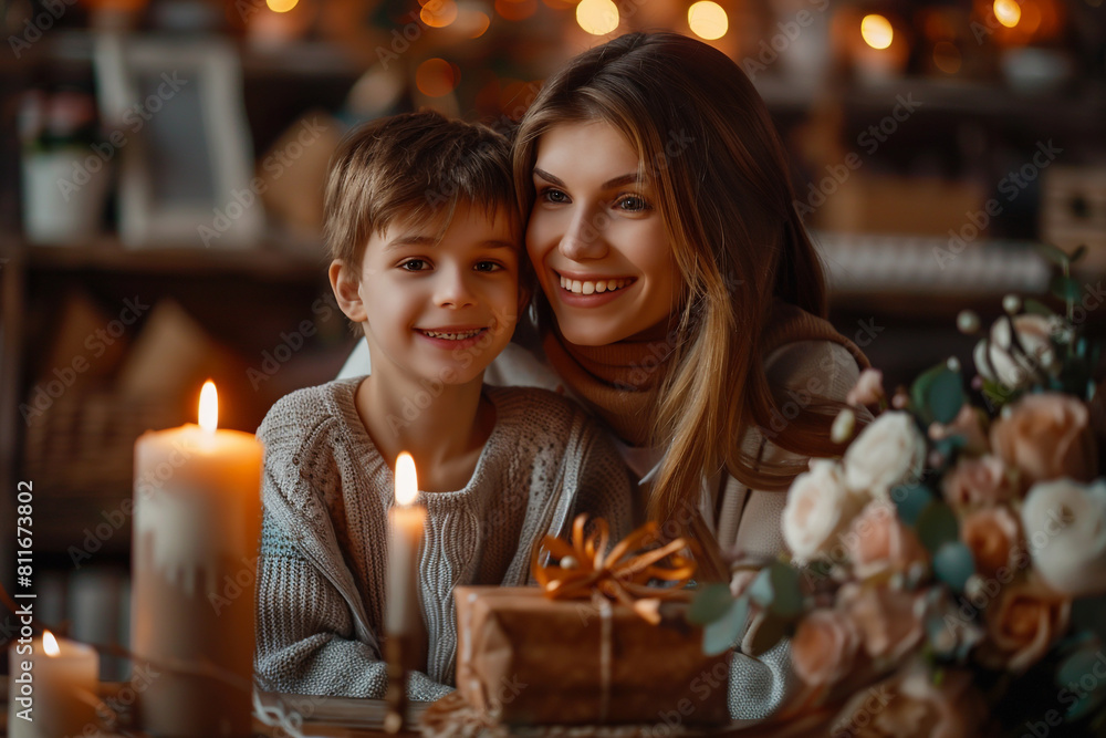 Mother and son smile together in a candlelit ambiance, with flowers and a gift, expressing love on Mother's Day Mother and son smile together in a candlelit ambiance, with flowers and a gift, expressing love on Mother's Day