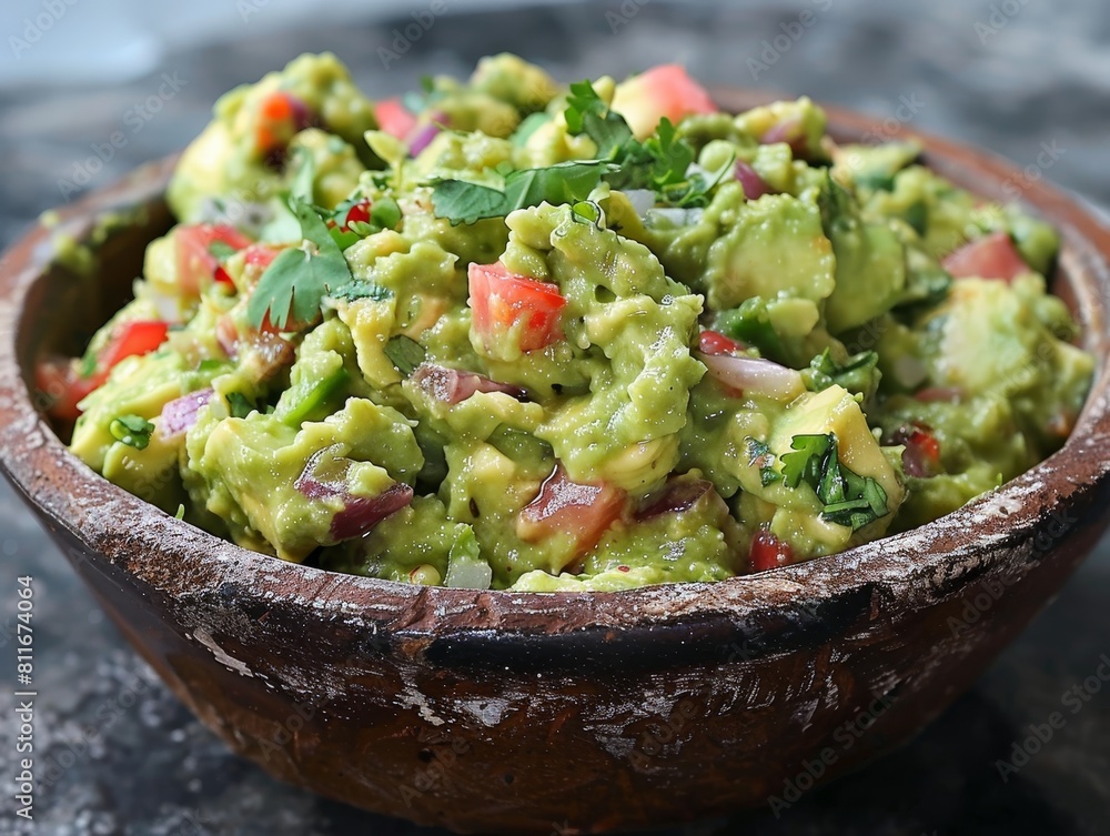 Delicious homemade guacamole in a rustic bowl