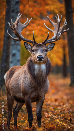 Enchanting scene, regal reindeer amidst vibrant autumn leaves in a captivating portrait. © xKas