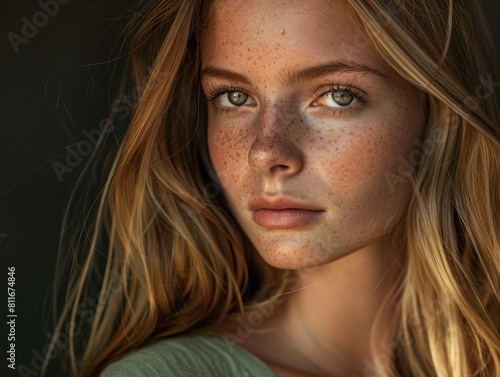 Pensive young woman with freckles and piercing green eyes
