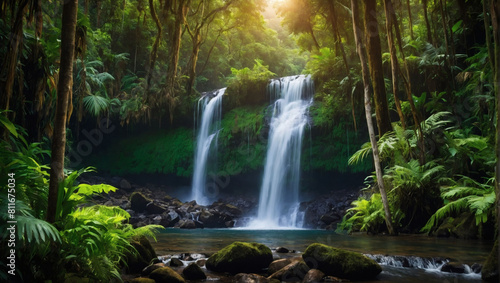 Enchanting waterfall amidst verdant mountains  surrounded by the vibrant hues of a thriving rainforest ecosystem.