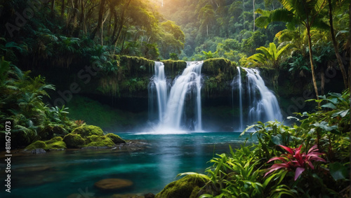 Enchanting waterfall amidst verdant mountains, surrounded by the vibrant hues of a thriving rainforest ecosystem. © xKas