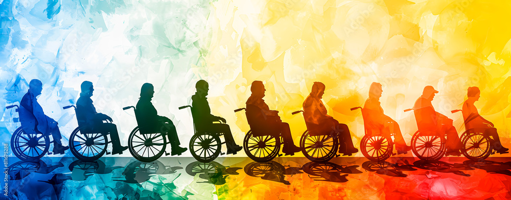 Concept of inclusion and diversity. People in wheelchairs with rainbow colors in background Concept of inclusion and diversity. People in wheelchairs with rainbow colors in background