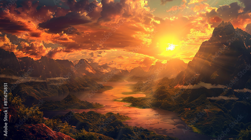 Sunset paints rural landscape fantasy landscape