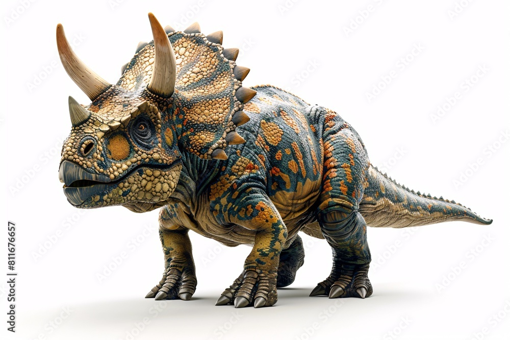 A 3D computer-generated image of a Diceratops dinosaur on a blank backdrop.