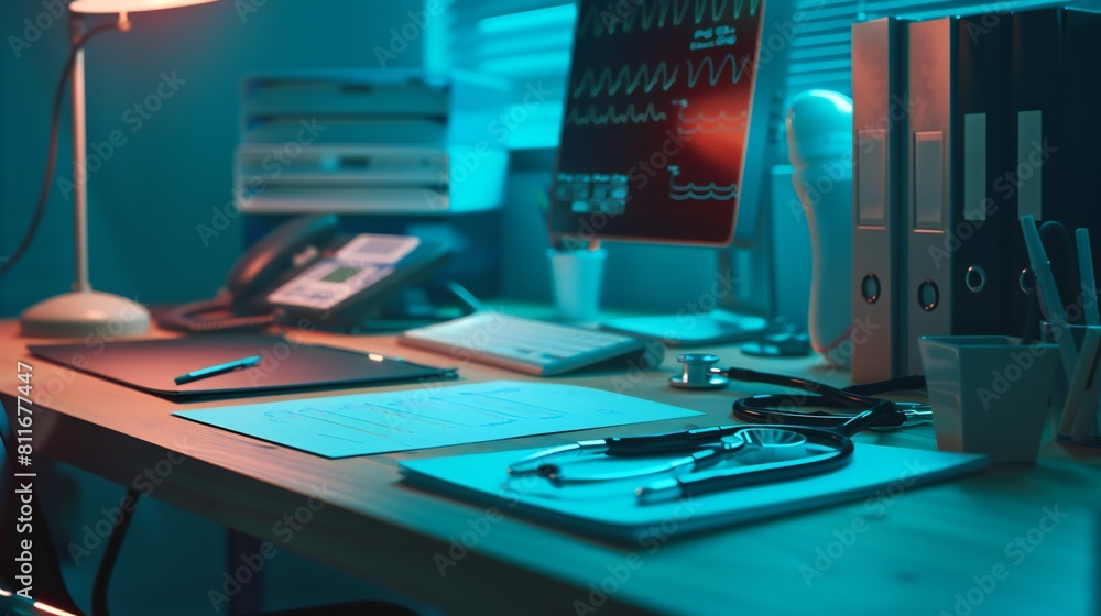 Top-down view of a medical folder alongside a stethoscope and computer on the desk. Top-down view of a medical folder alongside a stethoscope and computer on the desk.