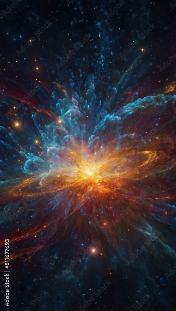 Epic cosmic event, Abstract visualization captures Big Bang's grand energy release.