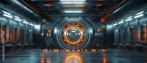 An imaginative rendering of a hightech vault door with a digital interface, illustrating the concept of security and protection in banking systems 8K , high-resolution, ultra HD,up32K HD photo