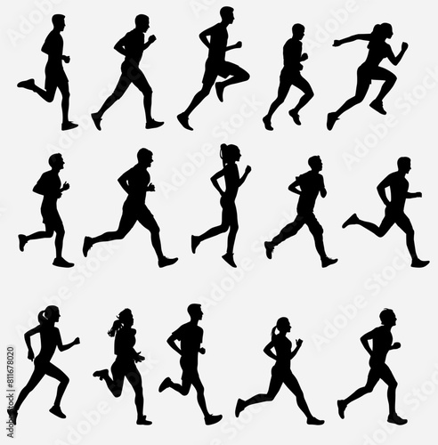 set of men and women runner. Group of people running. side view. 