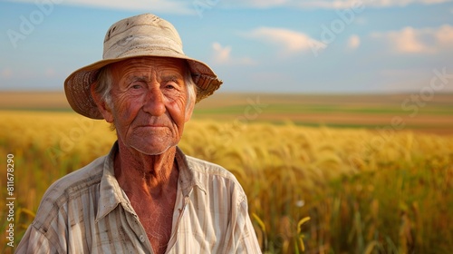 Capturing the Essence An engaging depiction of a seasoned elder farmer embodying sagacity and expertise against the scenic vista of a vast farming landscape. photo