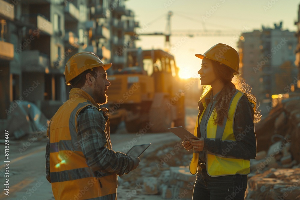 A cinematic golden hour scene featuring a construction site with a Caucasian male engineer and a Hispanic female planner discussing plans on a tablet A cinematic golden hour scene featuring a construction site with a Caucasian male engineer and a Hispanic female planner discussing plans on a tablet