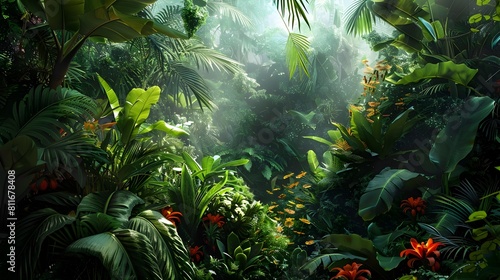 Lush and Vibrant Tropical Rainforest Landscape with Diverse Foliage and Sunlight Filtering Through