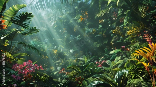Lush Tropical Rainforest Canopy with Sunlight Streaming Through Misty Foliage