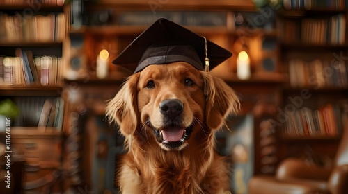 Dog in graduation cap cartton digital art. Happy smiling golden retriever student graduating a school with diploma. Livrary with books on shelves bbackground. Concept of education and learning. photo
