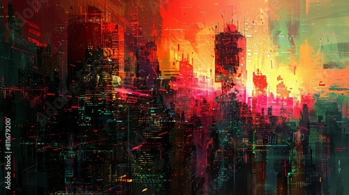 An abstract painting of a cityscape at night. The colors are vibrant and the brushstrokes are thick and expressive. The painting has a sense of energy and excitement.