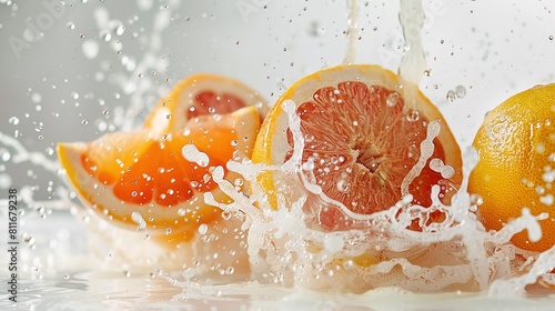 Juicy grapefruit with bursting juice on a clean white surface.