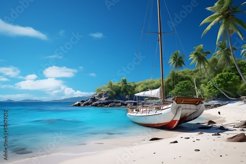 Sailing boat on the sandy beach of tropical island. 3d rendering