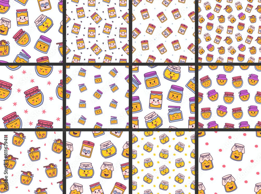 Cute kawaii honey jar. Seamless pattern. Glass pot character. Hand drawn style. Vector drawing. Collection of design ornaments. Cute kawaii honey jar. Seamless pattern. Glass pot character. Hand drawn style. Vector drawing. Collection of design ornaments.