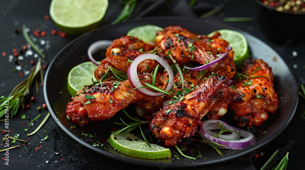 Crispy chicken wings seasoned with tangy lime and fragrant rosemary, served on a sleek black dish against a moody backdrop. Crispy chicken wings seasoned with tangy lime and fragrant rosemary, served on a sleek black dish against a moody backdrop.