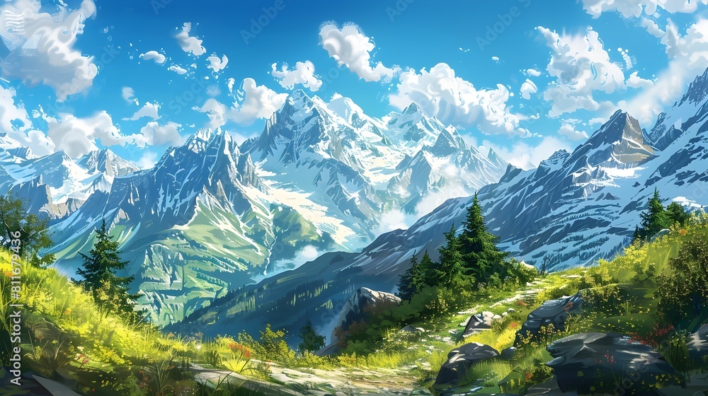 Majestic Alpine Landscape with Towering Snow Capped Peaks and Serene Meadows