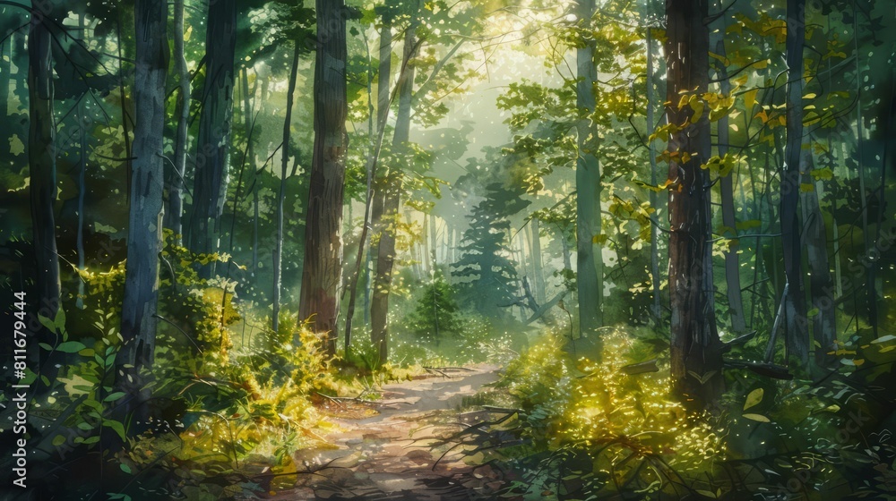 Fototapeta premium The photo shows a beautiful forest with a path in the middle. The sun is shining through the trees.